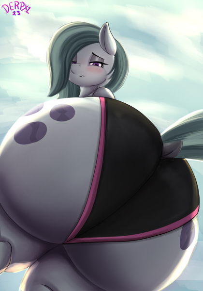 Size: 2450x3500 | Tagged: suggestive, artist:derpx1, derpibooru import, marble pie, earth pony, pony, art pack:burras calientes, blushing, both cutie marks, butt, clothes, dock, eyelashes, female, image, large butt, looking at you, looking down, looking down at you, marblebutt, mare, panties, png, signature, solo, solo female, tail, underwear