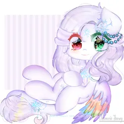 Size: 1024x1024 | Tagged: safe, artist:magicangelstarartist, derpibooru import, oc, oc:memorie snowy, unofficial characters only, pegasus, pony, colored wings, female, heterochromia, image, jpeg, looking at you, mare, multicolored wings, reclining, simple background, sitting, solo, starry eyes, wingding eyes, wings