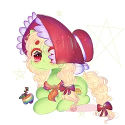 Size: 1024x1024 | Tagged: safe, artist:magicangelstarartist, derpibooru import, granny smith, earth pony, pony, apple, bonnet, clothes, female, food, image, jpeg, mare, ribbon, scarf, simple background, smiling, solo, young granny smith, younger, zap apple