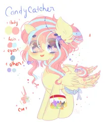 Size: 1024x1229 | Tagged: safe, artist:magicangelstarartist, derpibooru import, oc, oc:candy catcher, unofficial characters only, pegasus, pony, bag, female, hairclip, handbag, image, jpeg, mare, reference, ribbon, simple background, smiling, solo, text