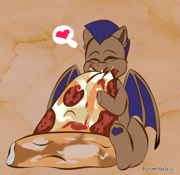 Size: 2469x2395 | Tagged: safe, artist:cosmiclitgalaxy, artist:cozziesart, derpibooru import, ponerpics import, ponybooru import, oc, oc:distant echo, unofficial characters only, bat pony, pony, eating, food, heart, image, male, pizza, png, thought bubble