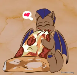 Size: 2469x2395 | Tagged: safe, artist:cosmiclitgalaxy, artist:cozziesart, derpibooru import, ponerpics import, ponybooru import, oc, oc:distant echo, unofficial characters only, bat pony, pony, eating, food, heart, image, male, pizza, png, thought bubble