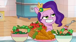 Size: 3072x1727 | Tagged: safe, derpibooru import, screencap, pipp petals, pegasus, pony, my little pony: tell your tale, spoiler:g5, spoiler:my little pony: tell your tale, spoiler:tyts01e49, carrot, female, food, fork, g5, grin, image, jpeg, mare, mission imponable, salad, smiling, solo