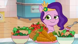 Size: 3072x1727 | Tagged: safe, derpibooru import, screencap, pipp petals, pegasus, pony, my little pony: tell your tale, spoiler:g5, spoiler:my little pony: tell your tale, spoiler:tyts01e49, carrot, eyebrows, female, food, fork, g5, image, jpeg, mare, mission imponable, raised eyebrow, salad, smiling, solo