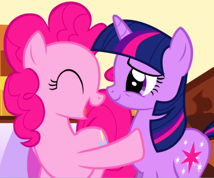 Size: 796x663 | Tagged: safe, derpibooru import, screencap, pinkie pie, twilight sparkle, earth pony, pony, unicorn, griffon the brush off, season 1, cropped, cute, diapinkes, duo, duo female, eyes closed, female, hoof on chest, image, mare, png, smiling, sugarcube corner, twiabetes, unicorn twilight