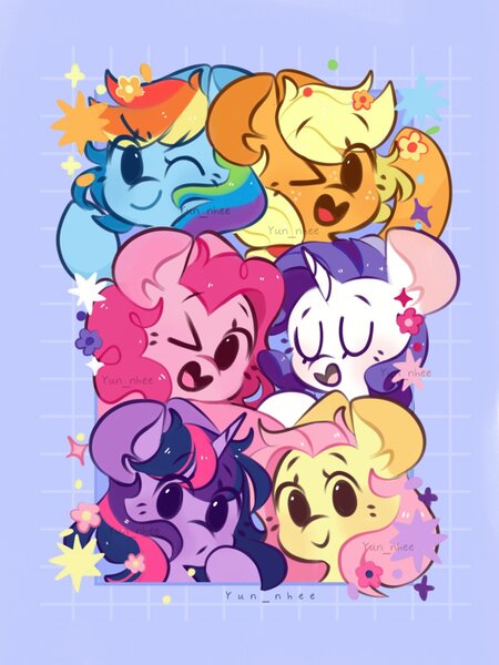 Size: 1536x2048 | Tagged: safe, artist:yun_nhee, derpibooru import, applejack, fluttershy, pinkie pie, rainbow dash, rarity, twilight sparkle, oc, unofficial characters only, earth pony, pegasus, pony, unicorn, group, image, jpeg, mane six, purple background, simple background