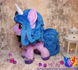 Size: 2576x2304 | Tagged: safe, artist:1stastrastudio, derpibooru import, izzy moonbow, pony, unicorn, bracelet, colored hooves, female, g5, horn, image, irl, jewelry, jpeg, mare, necklace, photo, plushie, solo, standing