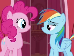 Size: 1034x780 | Tagged: safe, derpibooru import, screencap, pinkie pie, rainbow dash, earth pony, pegasus, pony, griffon the brush off, season 1, cropped, duo, duo female, eye contact, female, image, lidded eyes, looking at each other, looking at someone, mare, png, smiling