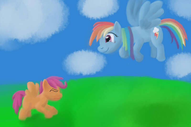 Size: 3000x2000 | Tagged: safe, artist:jimthecactus, derpibooru import, rainbow dash, scootaloo, pegasus, pony, duo, eyes closed, female, filly, flying lesson, foal, high res, image, jpeg, mare