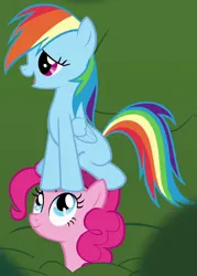 Size: 682x953 | Tagged: safe, derpibooru import, screencap, pinkie pie, rainbow dash, earth pony, pegasus, pony, griffon the brush off, season 1, cropped, duo, duo female, female, image, mare, oblivious, png, ponies riding ponies, pony hat, rainbow dash riding pinkie pie, riding, sitting, sitting on, sitting on person, sitting on pony