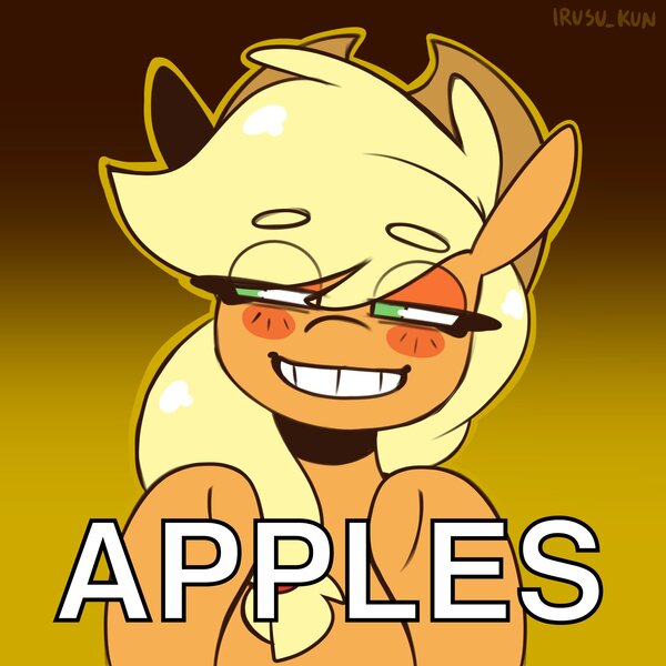 Size: 2048x2048 | Tagged: safe, artist:lrusu, derpibooru import, applejack, earth pony, pony, ancient aliens, apple, blushing, eye clipping through hair, eyebrows, eyebrows visible through hair, food, giorgio a. tsoukalos, grin, image, jpeg, meme, parody, smiling, solo