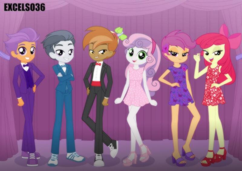 Size: 1062x751 | Tagged: safe, artist:excelso36, derpibooru import, part of a set, apple bloom, button mash, rumble, scootaloo, sweetie belle, tender taps, human, equestria girls, bowtie, casual, clothes, commission, converse, equestria girls-ified, female, formal wear, hat, image, jpeg, lidded eyes, male, rumbloo, shipping, shoes, skirt, straight, suit, suspenders, sweetiemash, tenderbloom