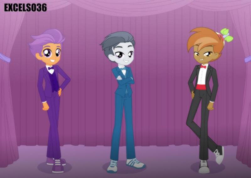 Size: 1062x751 | Tagged: safe, artist:excelso36, derpibooru import, part of a set, button mash, rumble, tender taps, human, equestria girls, bowtie, casual, clothes, commission, converse, equestria girls-ified, formal wear, hat, image, jpeg, lidded eyes, male, shoes, skirt, suit, suspenders, trio, trio male