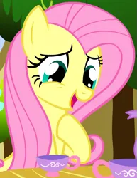 Size: 623x805 | Tagged: safe, derpibooru import, screencap, fluttershy, pegasus, pony, season 1, stare master, cropped, cup, cute, female, fluttershy's cottage, food, hnnng, hoof on chest, image, mare, open mouth, png, raised hoof, shyabetes, sitting, smiling, talking, tea, tea party, teacup