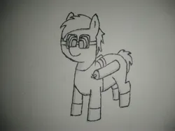 Size: 4160x3120 | Tagged: safe, artist:valuable ashes, derpibooru import, oc, unnamed oc, earth pony, pony, clothes, goggles, image, jpeg, male, monochrome, oxygen tank, pants, shirt, solo, three quarter view, traditional art