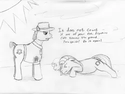 Size: 1698x1276 | Tagged: safe, artist:jimthecactus, derpibooru import, oc, unofficial characters only, earth pony, pony, dialogue, drill sergeant, eyes closed, floppy ears, grayscale, hat, image, jpeg, male, monochrome, pencil drawing, ponysona, push-ups, stallion, traditional art