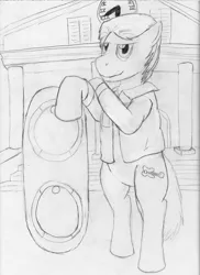 Size: 1276x1748 | Tagged: safe, artist:jimthecactus, derpibooru import, ponified, earth pony, pony, back to the future, bipedal, bipedal leaning, grayscale, hoverboard, image, leaning, looking at you, marty mcfly, monochrome, pencil drawing, png, smiling, smiling at you, smirk, solo, traditional art