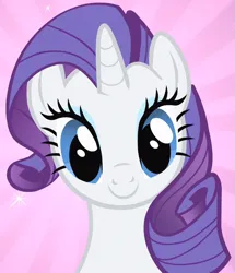 Size: 611x711 | Tagged: safe, derpibooru import, screencap, rarity, pony, unicorn, a dog and pony show, season 1, beautiful, bust, cropped, cute, female, happy, image, implied spike, looking at you, mare, pink background, png, raribetes, simple background, smiling, solo