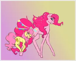 Size: 1280x1023 | Tagged: safe, artist:sallybatbridge, derpibooru import, li'l cheese, pinkie pie, pony, the last problem, female, filly, foal, image, jpeg, mother and child, mother and daughter, nudity, older, older pinkie pie, simple background, vulva