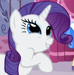 Size: 496x506 | Tagged: safe, derpibooru import, screencap, rarity, sapphire shores, pony, unicorn, a dog and pony show, season 1, butt, cropped, cute, female, image, mare, offscreen character, plot, png, raised hoof, raribetes, solo focus
