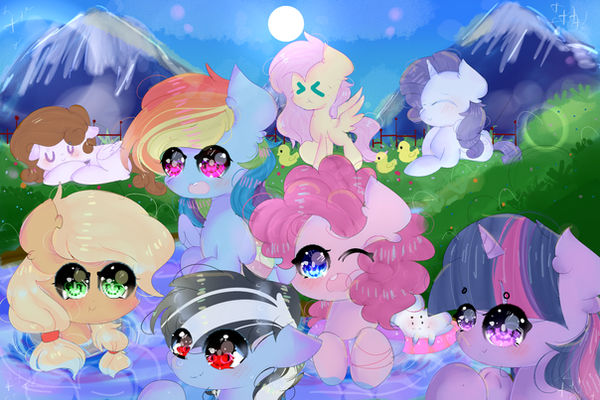 Size: 600x400 | Tagged: safe, artist:magicangelstarartist, derpibooru import, applejack, fluttershy, pinkie pie, rainbow dash, rarity, twilight sparkle, oc, earth pony, pegasus, pony, unicorn, female, image, jpeg, many many pony, mare, meme, moon, mountain, mountain range, one eye closed, sleeping, wink