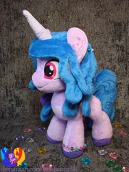 Size: 2304x3072 | Tagged: safe, artist:1stastrastudio, derpibooru import, izzy moonbow, pony, unicorn, bracelet, colored hooves, commission, female, g5, happy, horn, image, irl, jewelry, jpeg, mare, photo, plushie, smiling, solo