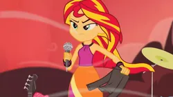 Size: 1920x1080 | Tagged: safe, derpibooru import, screencap, sunset shimmer, equestria girls, rainbow rocks, bare shoulders, clothes, female, image, jacket, jpeg, sleeveless, solo