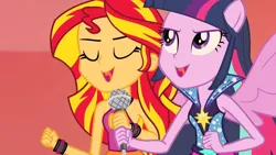 Size: 1920x1080 | Tagged: safe, derpibooru import, screencap, sunset shimmer, twilight sparkle, equestria girls, rainbow rocks, bare shoulders, clothes, female, image, jpeg, sleeveless, solo