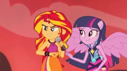 Size: 1920x1080 | Tagged: safe, derpibooru import, screencap, sunset shimmer, twilight sparkle, equestria girls, rainbow rocks, bare shoulders, clothes, female, image, jpeg, sleeveless, solo