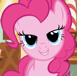 Size: 727x714 | Tagged: safe, derpibooru import, screencap, pinkie pie, earth pony, pony, applebuck season, season 1, cropped, female, grin, image, jpeg, lidded eyes, looking at you, mare, out of context, smiling, solo, sugarcube corner