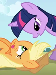 Size: 631x842 | Tagged: safe, derpibooru import, screencap, applejack, twilight sparkle, earth pony, pony, unicorn, applebuck season, season 1, cropped, exhausted, eye contact, image, jpeg, lidded eyes, looking at each other, looking at someone, lying down, on back, out of context, smiling, tired, unicorn twilight