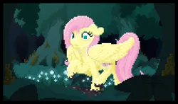 Size: 1344x792 | Tagged: safe, artist:parallel black, derpibooru import, fluttershy, pegasus, pony, digital art, everfree forest, female, flower, forest, image, mare, muddy hooves, pixel art, png, solo, tree