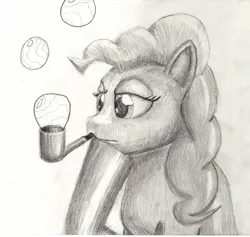 Size: 1439x1362 | Tagged: safe, artist:jimthecactus, derpibooru import, pinkie pie, earth pony, pony, bubble pipe, female, grayscale, hoof on chin, image, jpeg, lidded eyes, mare, monochrome, mouth hold, pipe, solo, traditional art