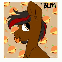 Size: 3000x3000 | Tagged: safe, artist:dejji_vuu, derpibooru import, oc, unofficial characters only, earth pony, pony, black lives matter, burger, food, hamburger, image, jpeg, politics, side view, simple background, solo, tongue out