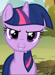 Size: 664x911 | Tagged: safe, derpibooru import, screencap, twilight sparkle, pony, unicorn, feeling pinkie keen, season 1, >:d, cropped, evil grin, female, grin, image, looking at you, mare, png, smiling, smirk, solo, unicorn twilight