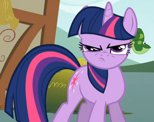 Size: 622x492 | Tagged: safe, derpibooru import, screencap, twilight sparkle, frog, pony, unicorn, feeling pinkie keen, season 1, cropped, female, frown, grumpy, grumpy twilight, image, mare, png, twilight sparkle is not amused, unamused, unicorn twilight