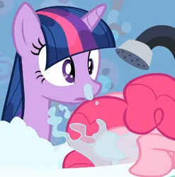 Size: 385x390 | Tagged: safe, derpibooru import, screencap, pinkie pie, twilight sparkle, earth pony, pony, unicorn, feeling pinkie keen, season 1, bath, bathtub, cropped, female, image, mare, out of context, png, unicorn twilight