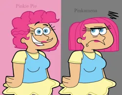 Size: 1134x878 | Tagged: safe, artist:cookie-lovey, derpibooru import, pinkie pie, human, 2012, angry, annoyed, breasts, busty pinkie pie, butch hartman style, clothes, dress, frown, gray background, grin, happy, humanized, image, jpeg, looking at you, looking away, name, pink background, pinkamena diane pie, simple background, smiling, smiling at you, solo, style emulation, text, the fairly oddparents