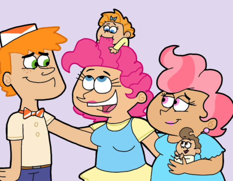 Size: 1134x878 | Tagged: safe, artist:cookie-lovey, derpibooru import, carrot cake, carrot top, cup cake, golden harvest, pinkie pie, pound cake, pumpkin cake, human, 2012, baby, biting, bowtie, breasts, busty pinkie pie, butch hartman style, cap, carrot cup, chewing, clothes, dress, ear piercing, earring, eating, family, female, hair bite, hat, head carry, humanized, image, jewelry, jpeg, male, on head, open mouth, open smile, piercing, purple background, shipping, simple background, smiling, straight, style emulation, teeth, the cakes, the fairly oddparents
