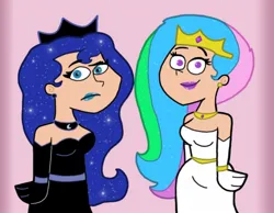Size: 1134x878 | Tagged: safe, artist:cookie-lovey, derpibooru import, princess celestia, princess luna, human, 2012, bracelet, breasts, busty princess celestia, busty princess luna, butch hartman style, clothes, dress, duo, duo female, ear piercing, earring, evening gloves, female, frown, gloves, humanized, image, jewelry, jpeg, lipstick, long gloves, looking at you, necklace, piercing, pink background, royal sisters, siblings, simple background, sisters, smiling, smiling at you, style emulation, the fairly oddparents