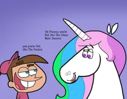 Size: 1134x878 | Tagged: safe, artist:cookie-lovey, derpibooru import, princess celestia, alicorn, human, pony, 2012, blue background, bucktooth, crossover, dialogue, duo, duo male and female, female, image, jpeg, lidded eyes, looking at each other, looking at someone, male, mare, open mouth, open smile, simple background, smiling, style emulation, the fairly oddparents, timmy turner