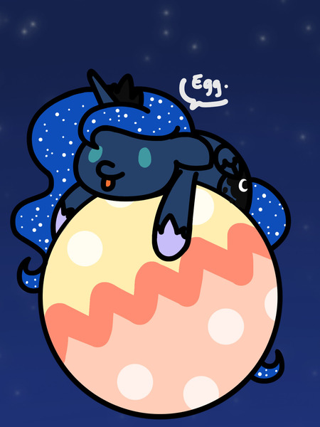 Size: 1350x1800 | Tagged: safe, artist:flutterluv, derpibooru import, princess luna, alicorn, pony, series:flutterluv's full moon, :p, easter, egg, full moon, holiday, image, jpeg, lying down, moon, night, prone, solo, tongue out