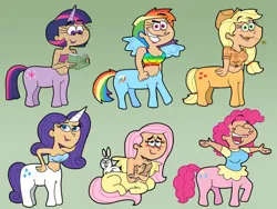 Size: 2272x1704 | Tagged: safe, artist:cookie-lovey, derpibooru import, angel bunny, applejack, fluttershy, pinkie pie, rainbow dash, rarity, twilight sparkle, centaur, rabbit, 2012, animal, belly button, blushing, book, breasts, centaurified, cleavage, cowboy hat, eyes closed, female, green background, hat, image, jpeg, looking at you, mane six, midriff, missing cutie mark, open arms, open mouth, open smile, reading, simple background, smiling, smiling at you, species swap, straw in mouth, style emulation, the fairly oddparents