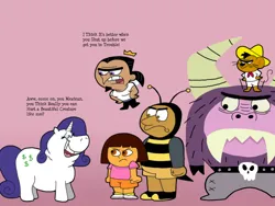 Size: 2272x1704 | Tagged: safe, artist:cookie-lovey, derpibooru import, rarity, human, mouse, pony, unicorn, .mov, 2012, animal costume, bee costume, bumblebee man, child, clenched fist, clothes, costume, dialogue, dora the explorer, edwardo, eyes closed, female, foster's home for imaginary friends, frown, greedity, image, jpeg, juandissimo magnifico, looney tunes, male, mare, monster, open mouth, open smile, pink background, racism, simple background, smiling, speedy gonzales, style emulation, text, the fairly oddparents, the simpsons