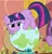 Size: 351x364 | Tagged: safe, derpibooru import, screencap, twilight sparkle, pony, unicorn, secret of my excess, behaving like a cat, globe, golden oaks library, image, jpeg, library, solo, stare, tennis racket, twilight cat, unicorn twilight