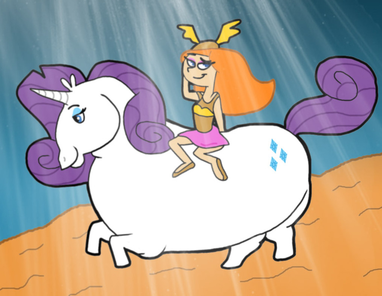 Size: 1016x787 | Tagged: safe, artist:cookie-lovey, derpibooru import, rarity, human, pony, unicorn, 2012, birthday present, blue background, candace flynn, clothes, crossover, duo, duo female, fat, female, helmet, humans riding ponies, image, jpeg, looney tunes, mare, phineas and ferb, prancing, raritubby, riding, running, simple background, skirt, style emulation, sunlight, what's opera doc, wind, windswept mane, winged helmet