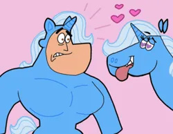 Size: 1016x787 | Tagged: safe, artist:cookie-lovey, derpibooru import, lovestruck, trixie, human, pony, unicorn, 2012, concerned, crossover, disguise, duo, duo male and female, female, floating heart, frown, heart, heart eyes, image, jpeg, major man, male, mare, muscles, muscular male, offscreen character, open mouth, open smile, pink background, simple background, smiling, style emulation, the fairly oddparents, the powerpuff girls, tongue out, wingding eyes