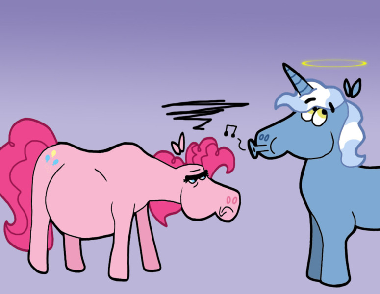 Size: 1016x787 | Tagged: safe, artist:cookie-lovey, derpibooru import, pinkie pie, pokey pierce, earth pony, pony, unicorn, 2012, angry, duo, duo male and female, female, frown, halo, image, innocent whistling, jpeg, male, mare, music notes, pokeypie, preggy pie, pregnant, purple background, pursed lips, shipping, simple background, stallion, straight, style emulation, the fairly oddparents, unwanted pregnancy, whistling