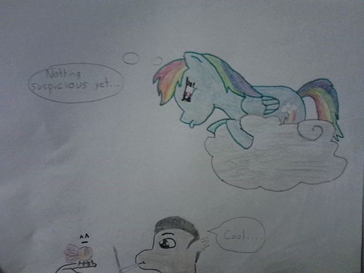 Size: 720x540 | Tagged: safe, artist:justaviewer94, derpibooru import, rainbow dash, oc, parasprite, image, jpeg, spying