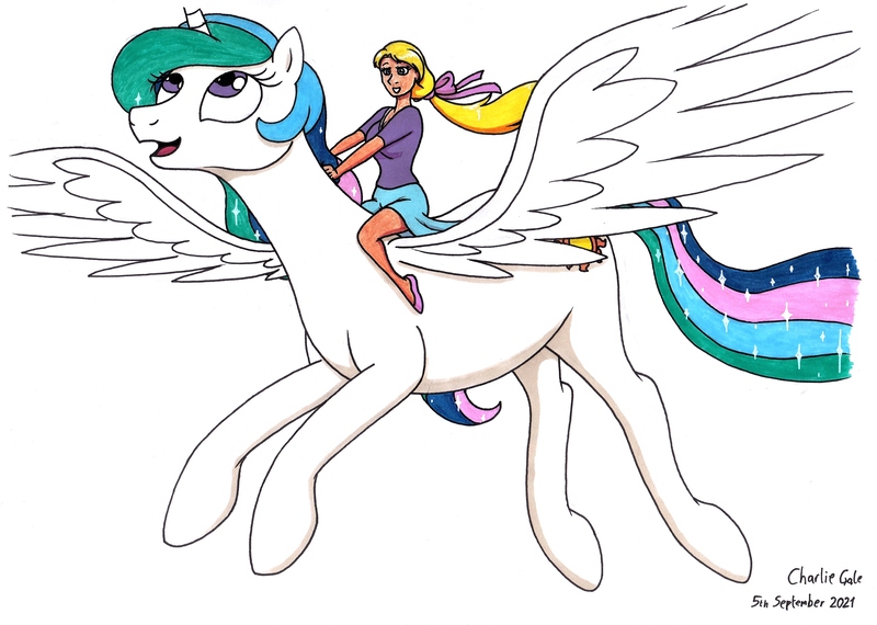 Size: 3487x2484 | Tagged: safe, artist:killerteddybear94, derpibooru import, princess celestia, oc, alicorn, human, pony, cute, cutelestia, duo, flying, human oc, humans riding ponies, image, jpeg, non-mlp oc, riding, riding a pony, spread wings, traditional art, wings